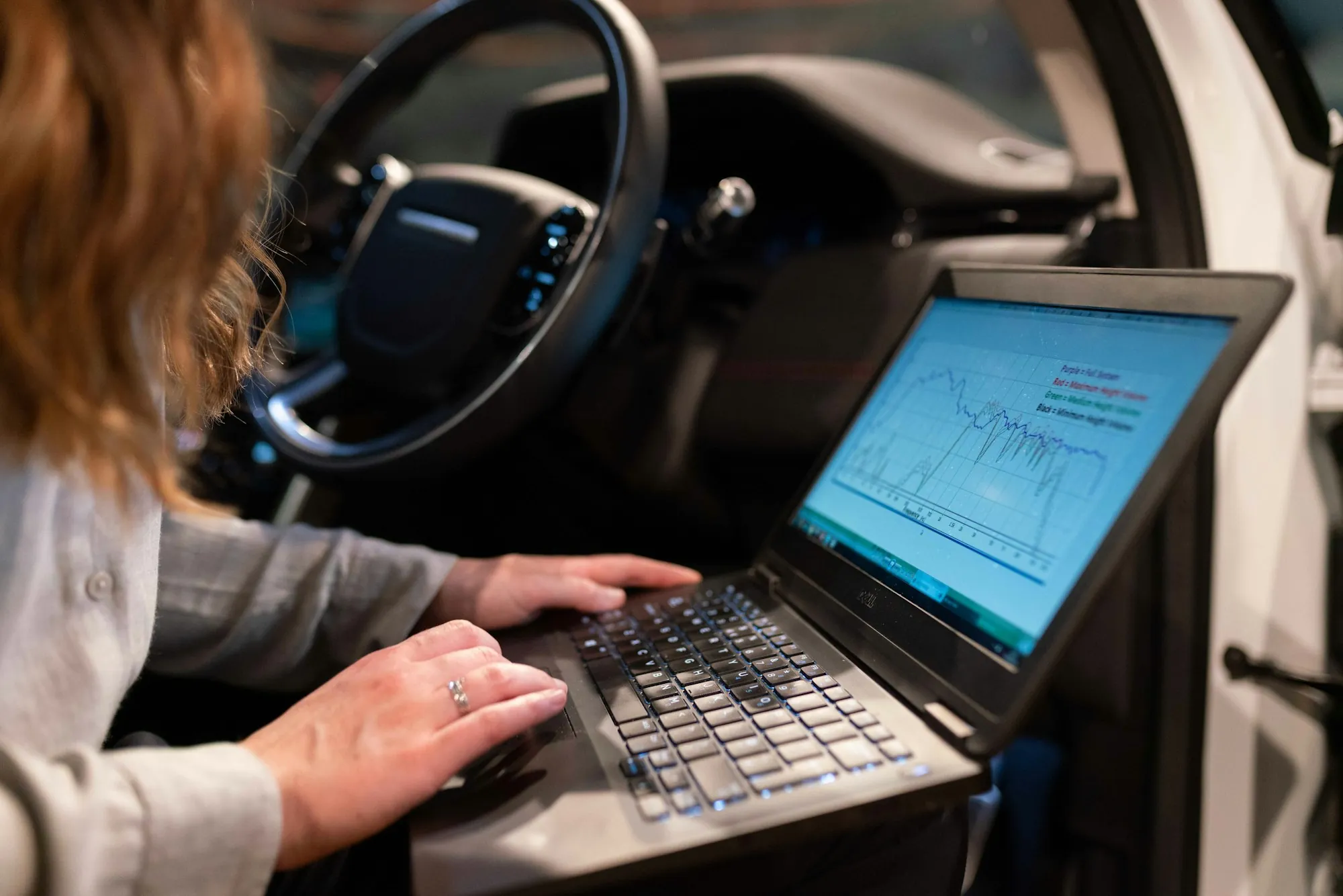 Laptop running diagnostic software with a cable to a vehicle